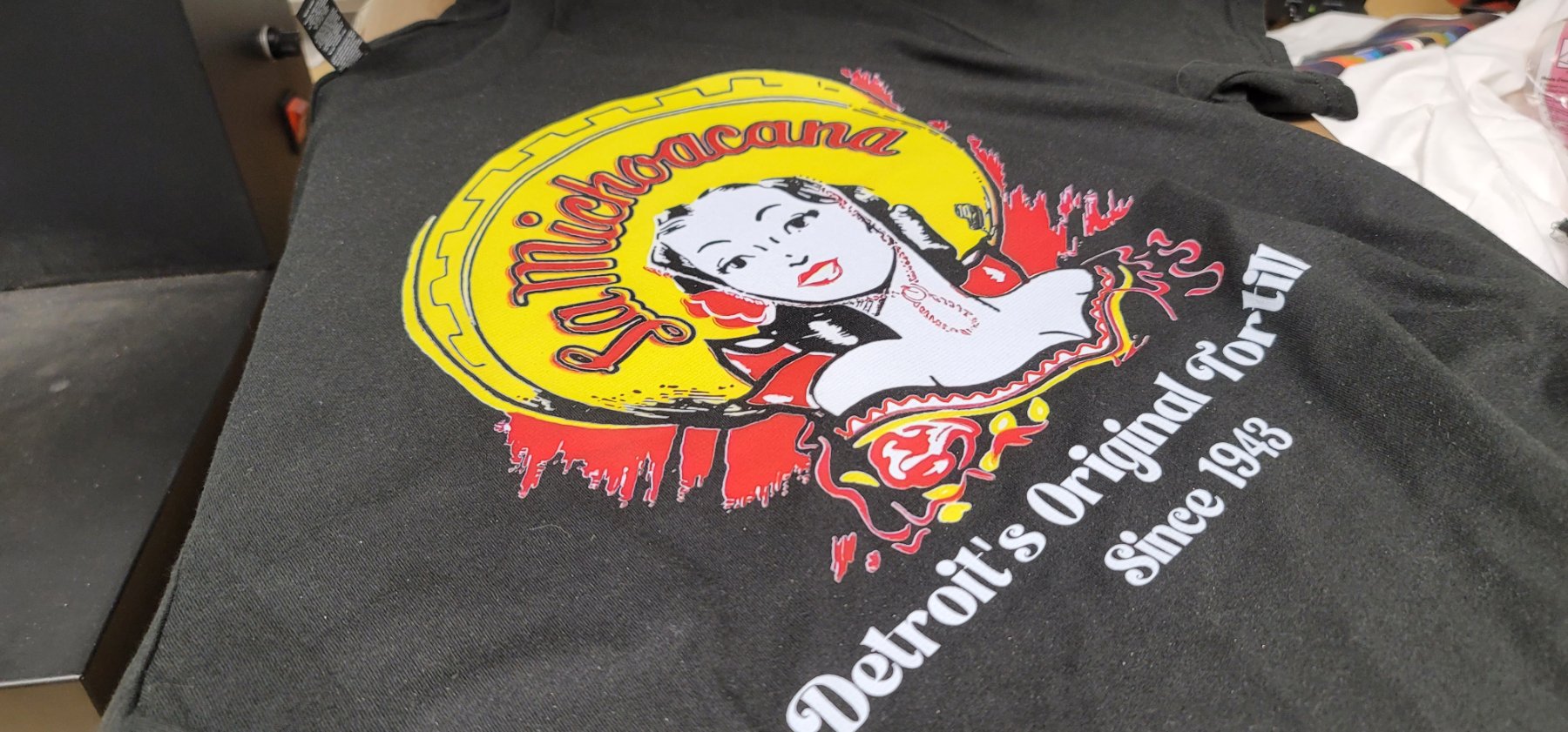 A freshly printed La Michoacana tee